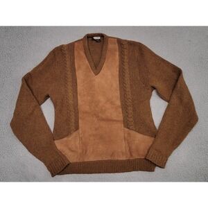 Vintage Sport King Sweater Mens Medium Brown Wool Suede Leather V Neck 70s